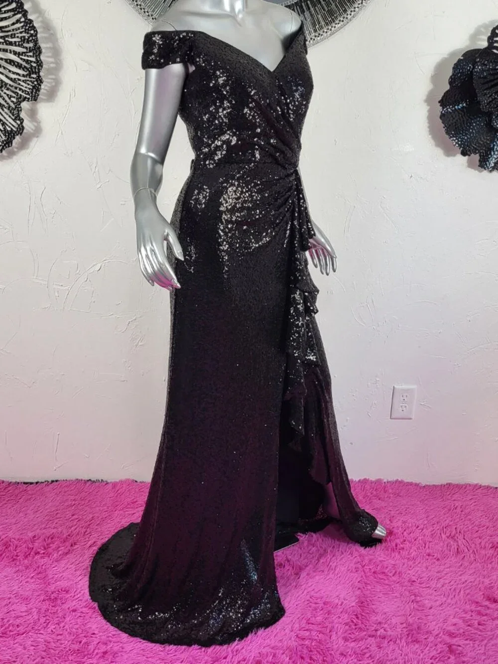 NWT~$595~TADASHI SHOJI~M~BLACK SEQUIN SLIT RUFFLE RUCHED PROM EVENING MAXI DRESS